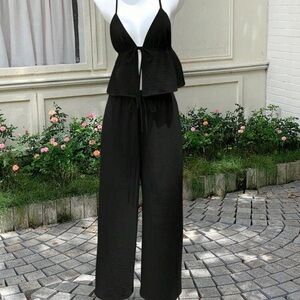 Black Cotton Gauze Matching Set Wide Leg Pants Minimal Resort Outfit